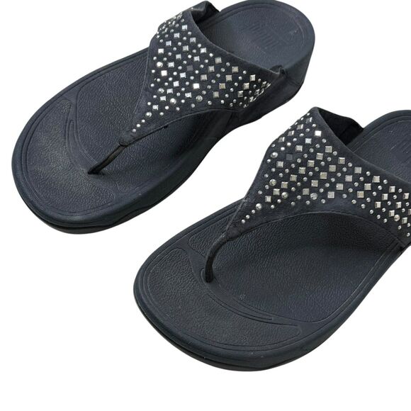 FitFlop Novy Suede Toe-Post Sandals Size 9 Blue Embellished Thong Wedge Comfort - Picture 4 of 8